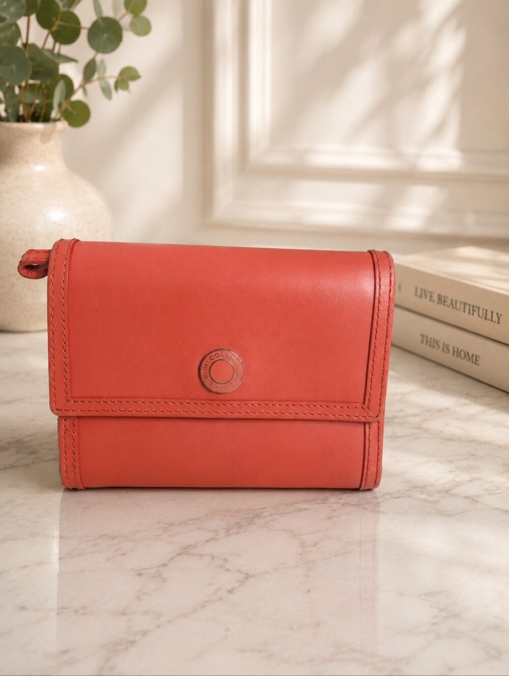 Coach Coral Pink Leather Trifold Wallet Snap Closure Compact Wallet